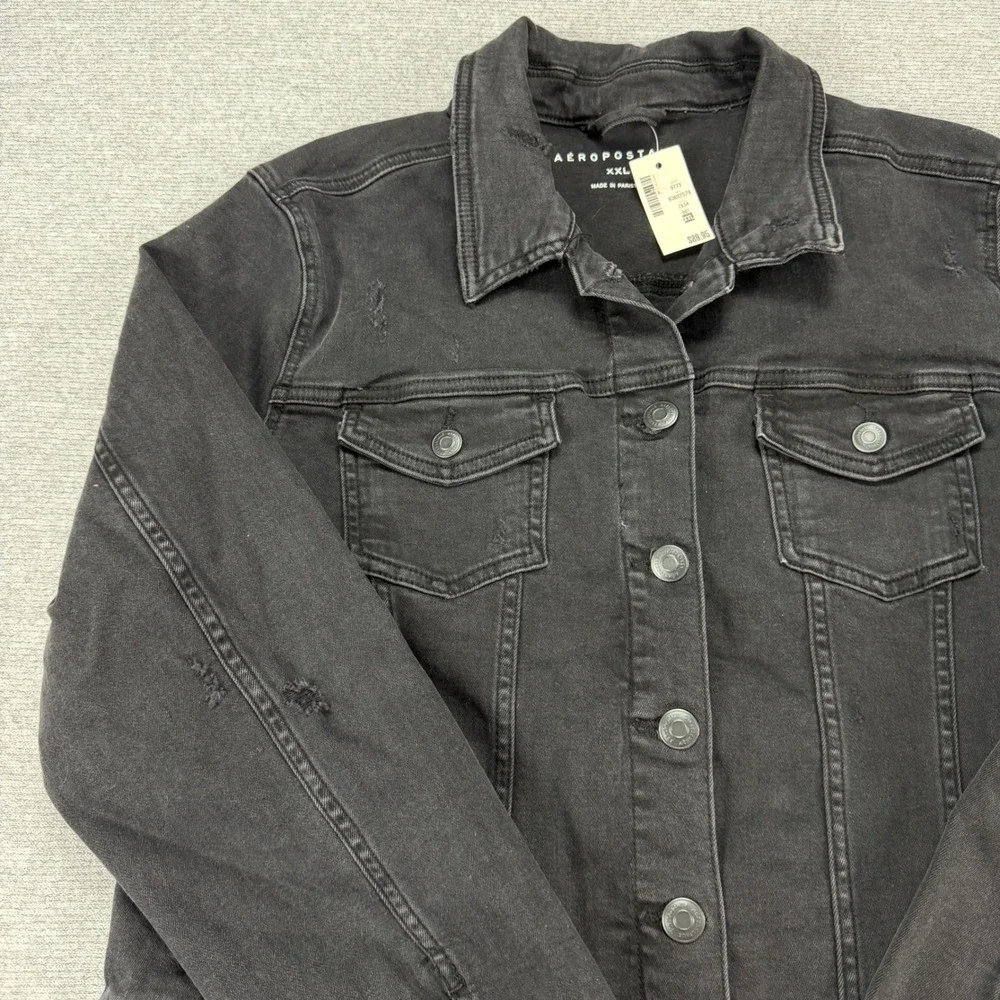 Aeropostale Mens Black Distressed Denim Trucker Jacket‎ XXL 7834-001 New